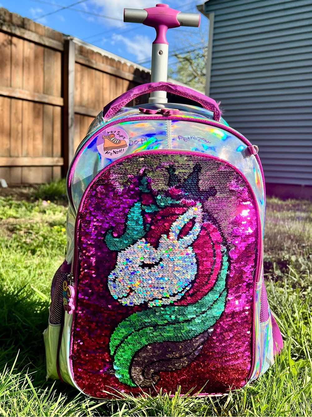 Sequin Glitter Irridescent Unicorn Backpack Carryon Luggage Pink Purple y2k